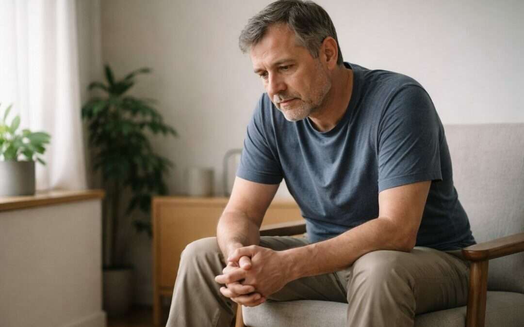 Homme adulte assis à l’intérieur, posture calme et regard réfléchi, illustrant une perte de poids liée à la fatigue et à la capacité corporelle