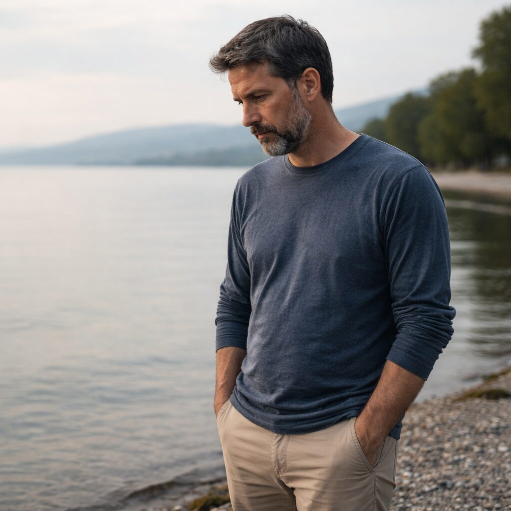 Homme adulte au bord du lac, posture calme et réfléchie, illustrant une séance individuelle de perte de poids pour homme à Neuchâtel.