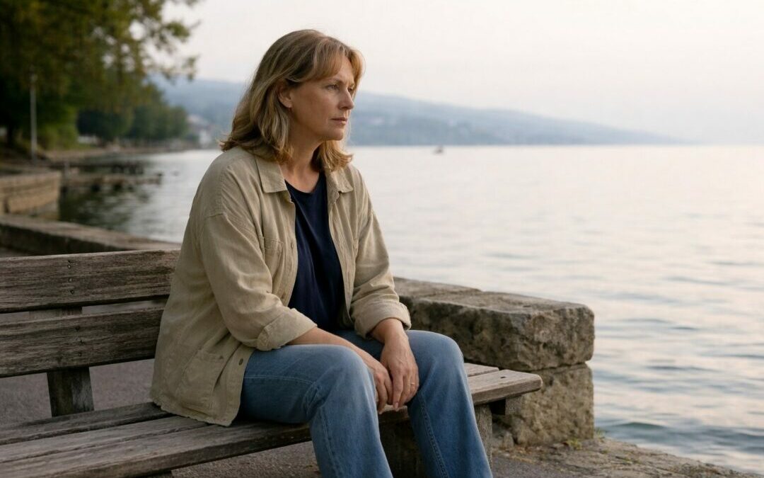 Femme adulte assise au bord du lac de Neuchâtel, relation tendue au corps et fatigue intérieure liée au poi