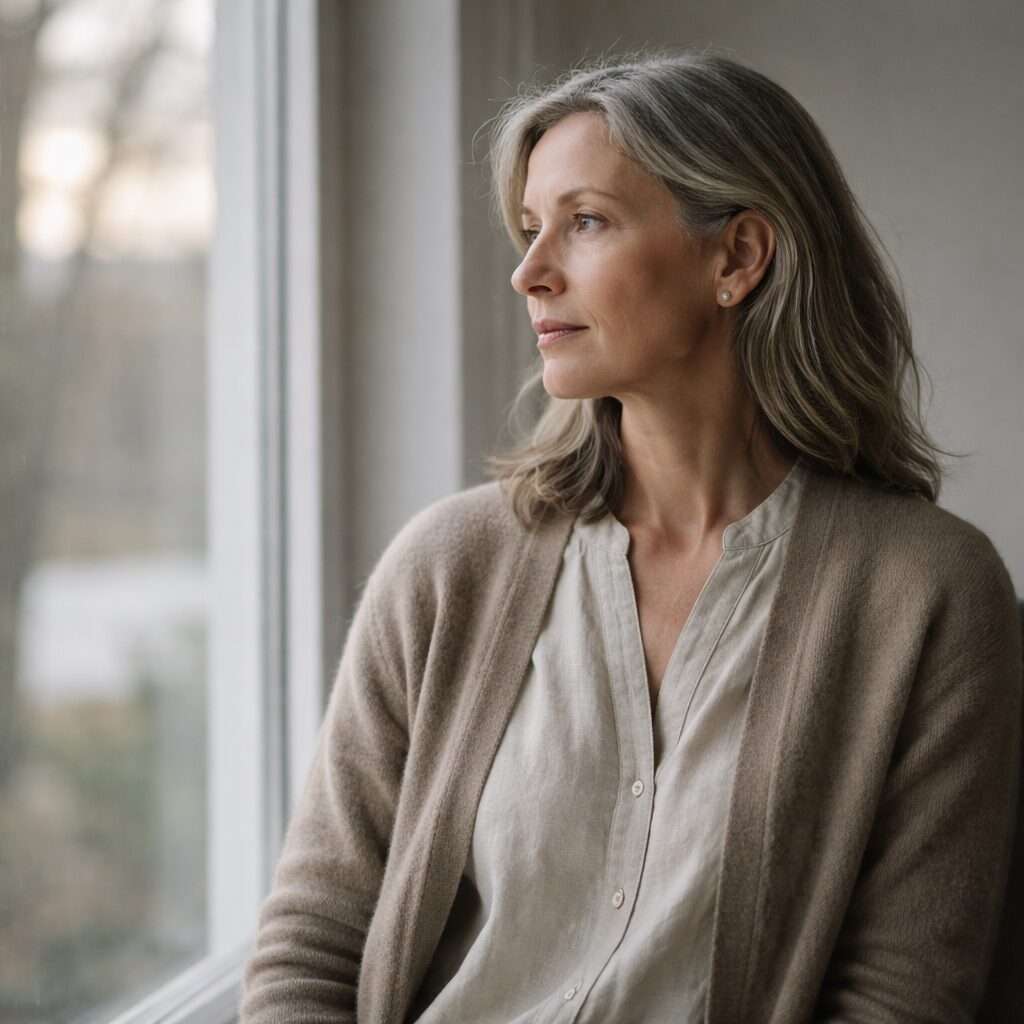 Femme adulte regardant par la fenêtre, illustrant un accompagnement individuel en perte de poids à Neuchâtel, sans méthode imposée.