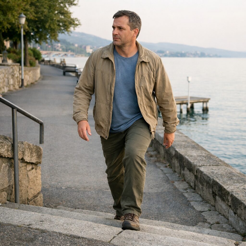 Homme adulte marchant et montant quelques marches au bord du lac de Neuchâtel, illustrant une remise en forme progressive par le mouvement du quotidien.