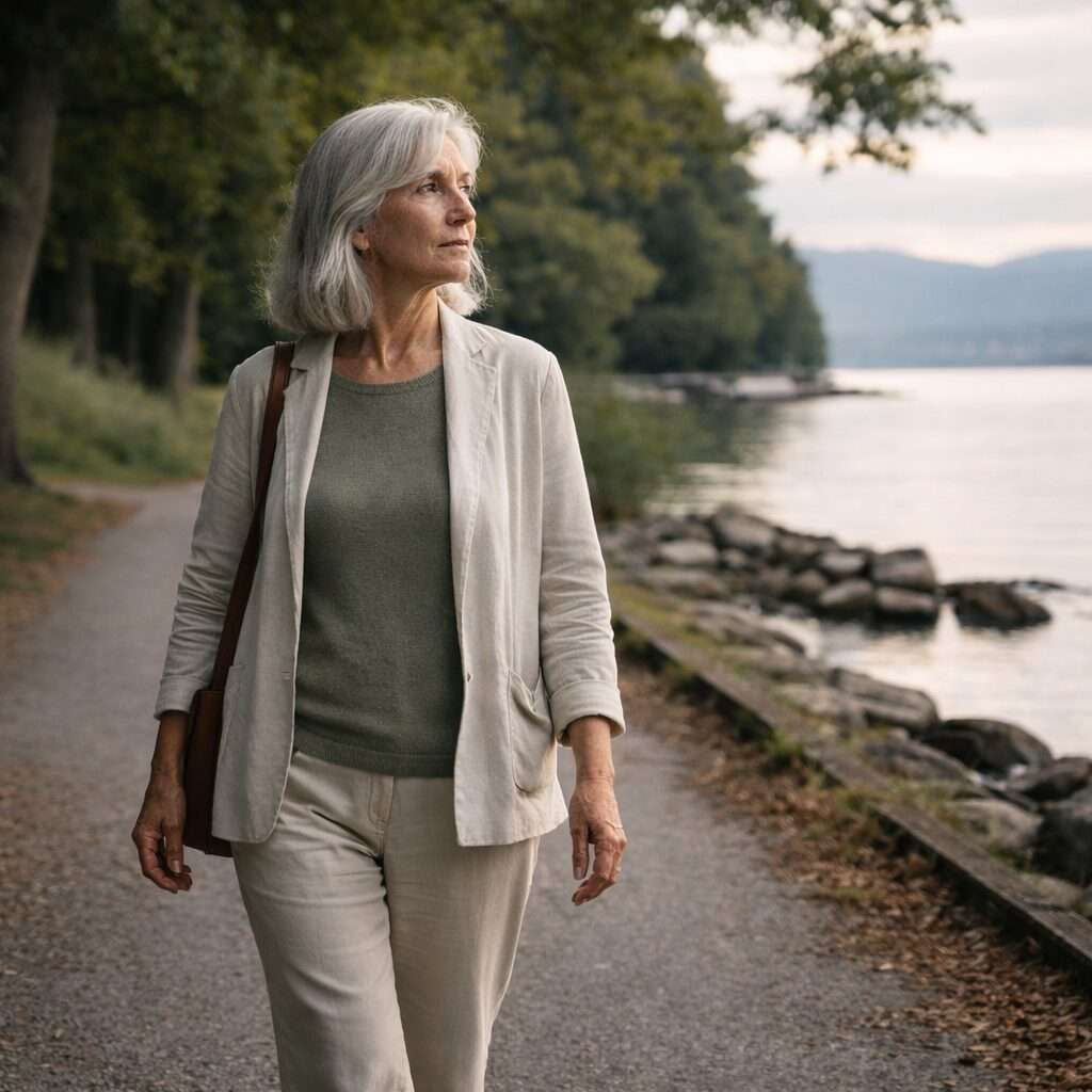 Senior marchant au bord du lac à Neuchâtel – vitalité et continuité Senior marchant calmement au bord du lac de Neuchâtel, posture stable, énergie tranquille et présence dans le temps.