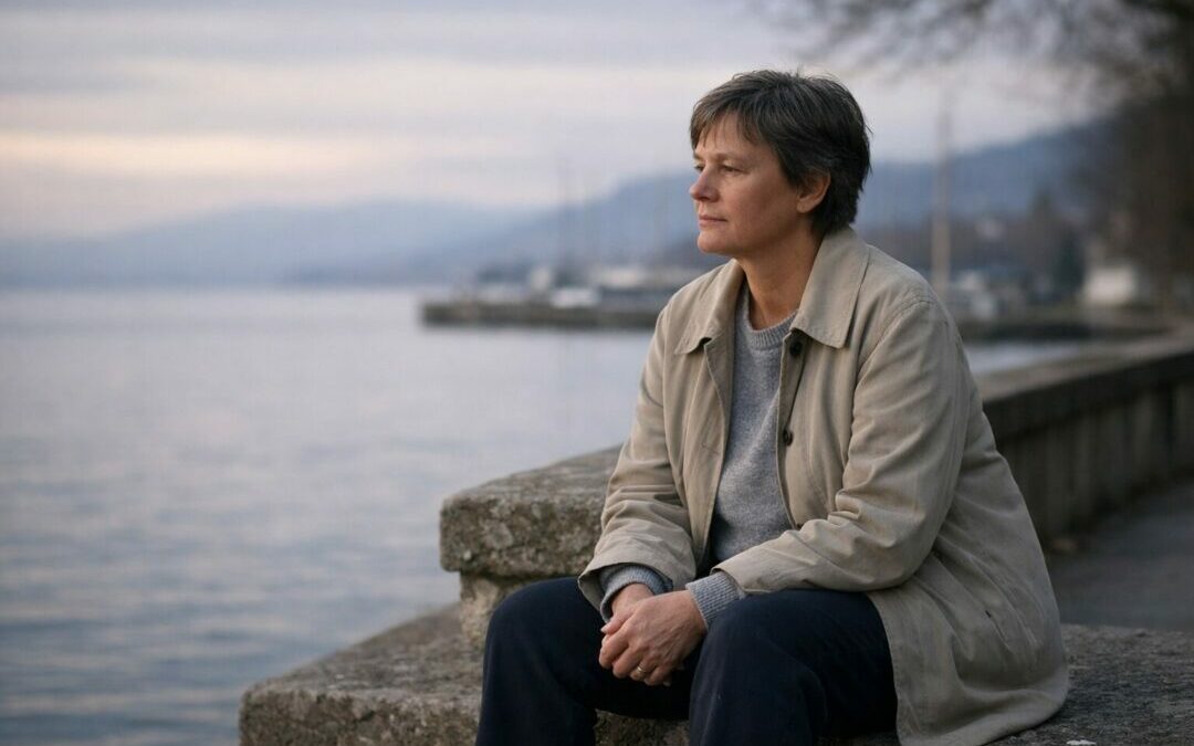 Personne adulte assise au bord du lac de Neuchâtel, expression calme et tendue, illustrant une surcharge mentale silencieuse et un moment de pause intérieure