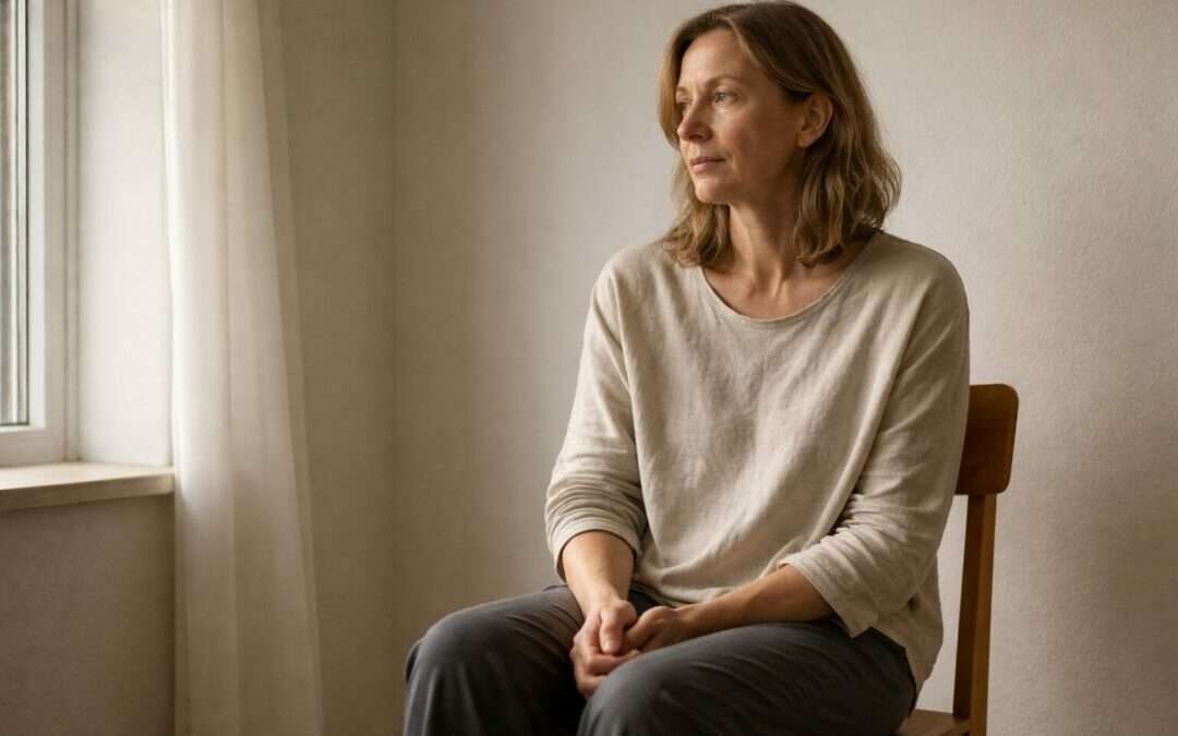 Femme adulte assise près d’une fenêtre, lumière naturelle douce, posture calme évoquant une fatigue tenue dans la durée