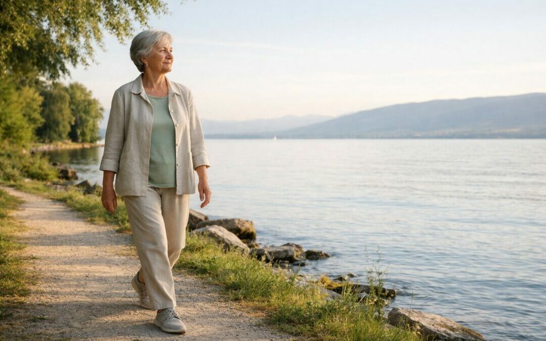 Femme de 70 ans marchant calmement à Neuchâtel, posture stable et énergie préservée, illustrant la vitalité et la capacité à durer avec l’âge.