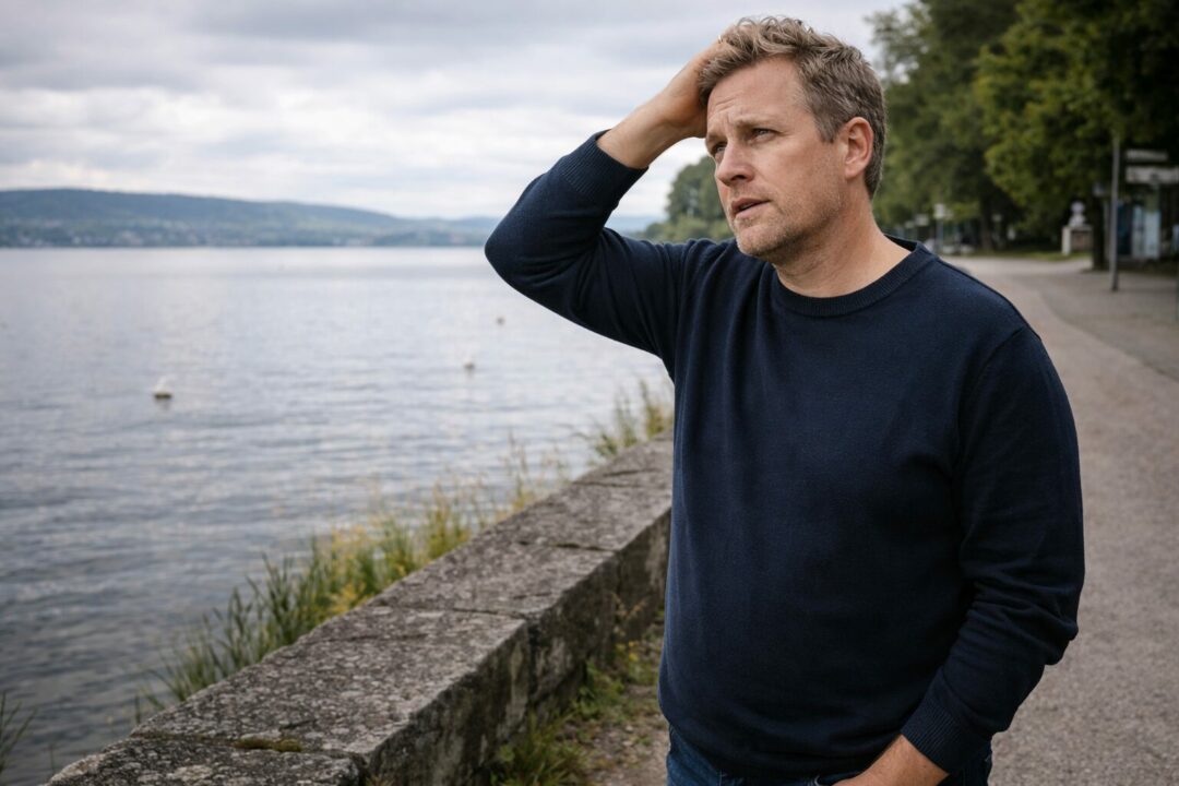 Homme adulte à Neuchâtel regardant le lac, moment de réflexion après un traitement lorsque le poids ne se stabilise pas