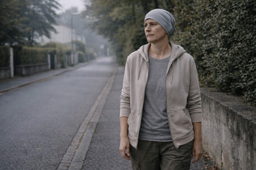 Personne adulte bougeant lentement dans un environnement calme, illustrant le mouvement possible pendant une maladie ou un traitement