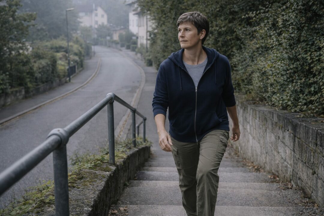 Adulte marchant et montant des escaliers à Neuchâtel, illustrant une activité physique régulière soutenue par un accompagnement individuel