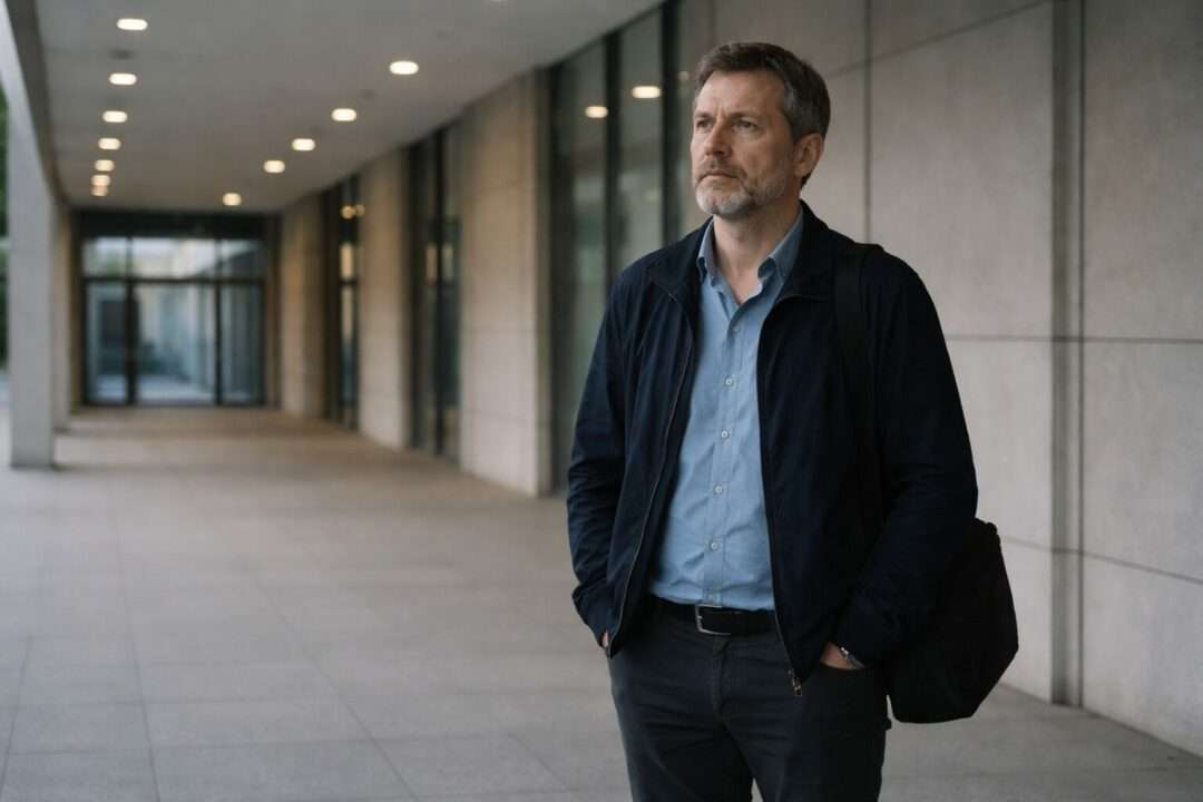 Personne adulte immobile dans un espace professionnel calme, illustrant une charge mentale durable et une fatigue liée aux responsabilités à Neuchâtel.