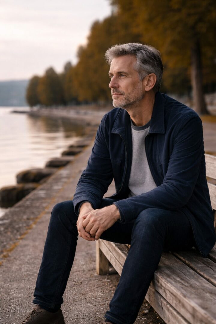 Homme adulte assis au bord du lac de Neuchâtel, illustrant une pression intérieure persistante et un besoin de faire redescendre le stress