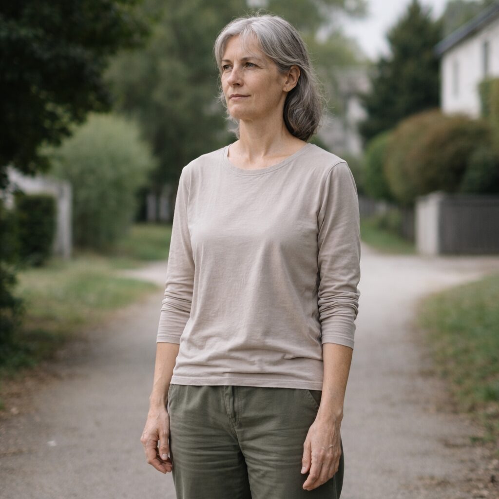 Personne adulte debout dans un environnement calme, posture de préservation évoquant un corps qui demande plus d’attention