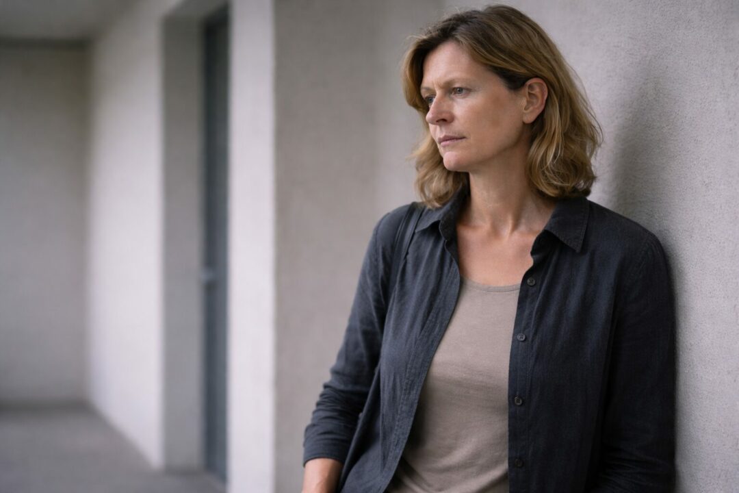 Femme adulte immobile dans un intérieur neutre à Neuchâtel, posture droite et retenue, suggérant une tension corporelle durable sans effort visible.