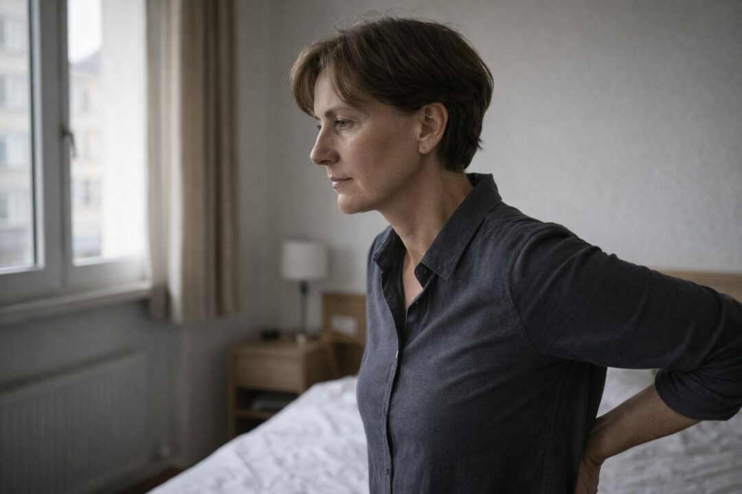 Tension physique diffuse sans cause identifiable — Neuchâtel Personne adulte immobile dans un intérieur sobre à Neuchâtel, posture droite mais tenue, zones de tension suggérées au niveau des épaules et du dos