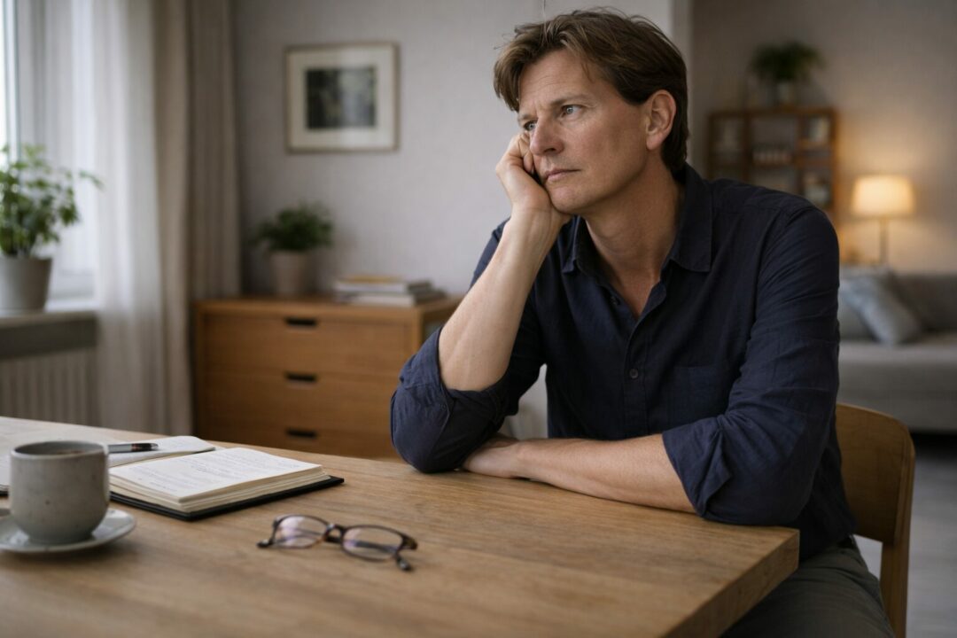 Homme adulte assis à une table dans un intérieur sobre à Neuchâtel, posture correcte mais regard légèrement perdu, illustrant une difficulté de concentration progressive
