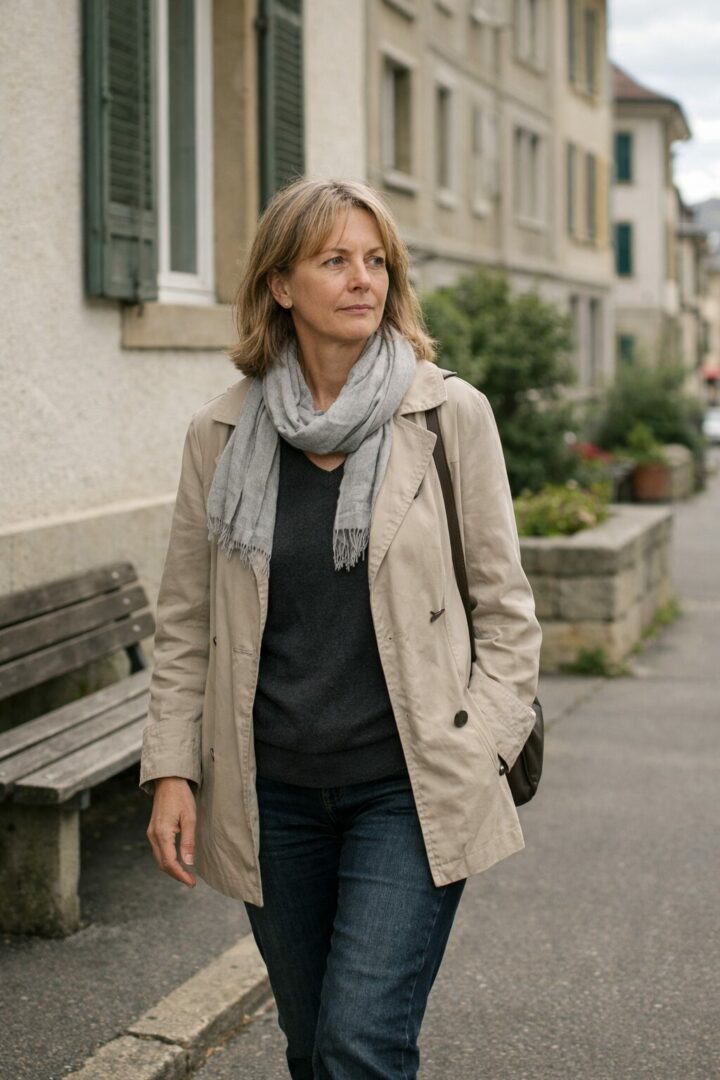 Femme marchant calmement à Neuchâtel – Perte de poids accompagnée Femme d’environ 55 ans marchant dans un quartier calme de Neuchâtel, illustrant une démarche de perte de poids accompagnée, sans urgence ni mise en scène.