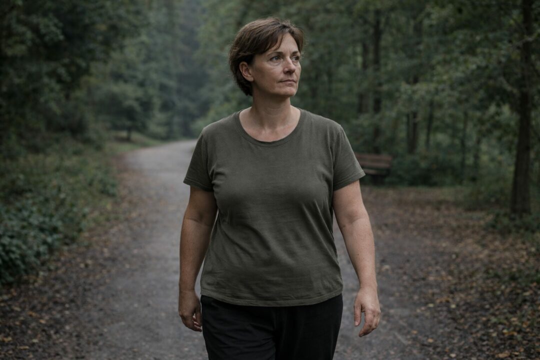 Faire attention sans perdre de poids — Neuchâtel Personne adulte marchant lentement dans un environnement naturel discret à Neuchâtel, posture engagée sans élan, évoquant une stagnation du poids malgré les efforts