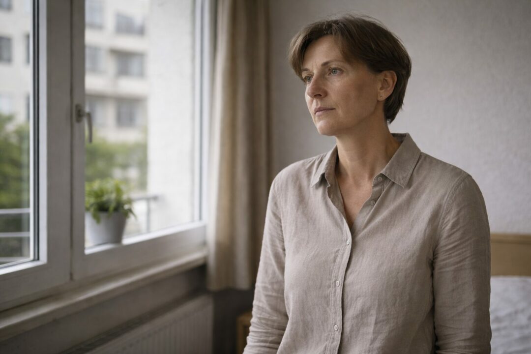 Fatigue nerveuse progressive sans crise — Neuchâtel Personne adulte immobile près d’une fenêtre à Neuchâtel, posture droite mais légèrement tenue, expression neutre évoquant une fatigue nerveuse qui s’installe progressivement