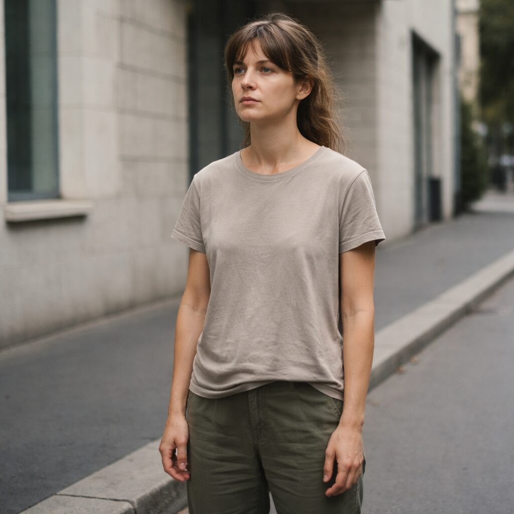 Personne immobile en environnement urbain neutre, posture de latence évoquant une fatigue persistante