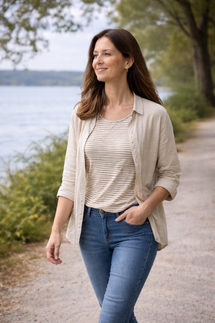 Femme de 45 ans marchant calmement au bord du lac de Neuchâtel, illustrant un accompagnement individuel pour se sentir mieux dans son corps