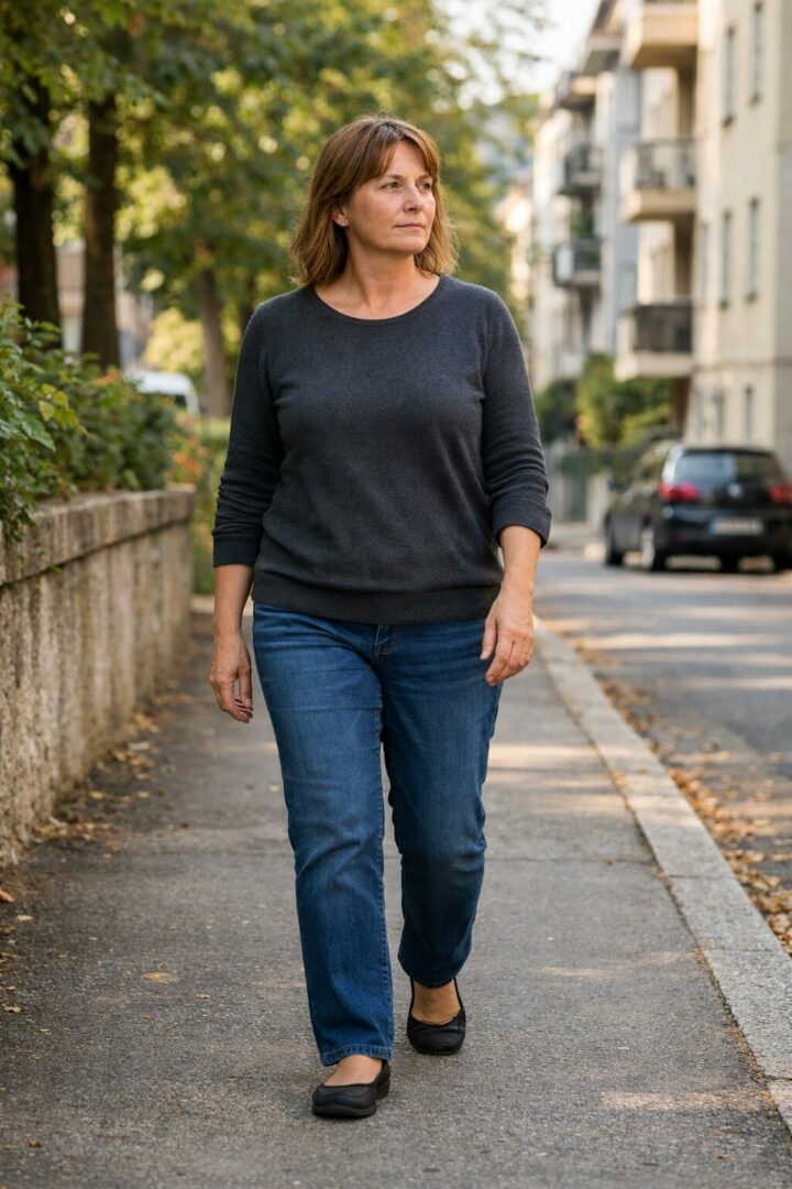 Perte de poids à Neuchâtel – Femme adulte en réflexion lors d’une marche urbaine Femme adulte marchant calmement dans un quartier résidentiel de Neuchâtel, illustrant une réflexion intérieure autour du poids