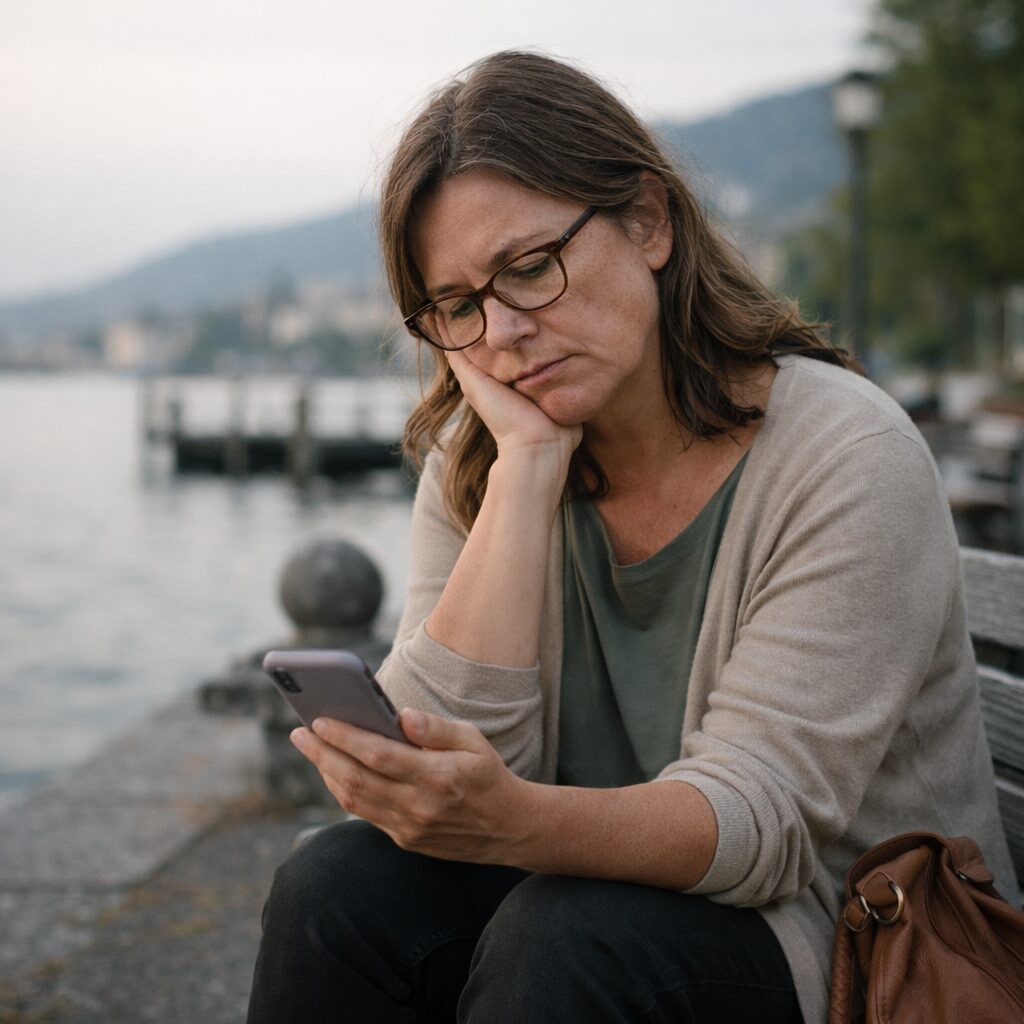 Femme adulte assise au bord du lac de Neuchâtel, regardant son téléphone après une recommandation de perdre du poids, moment de réflexion sans décision prise
