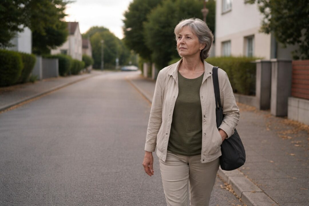 Vitalité et longévité – rester active avec l’âge à Neuchâtel Femme senior marchant calmement dans son quartier, illustrant la vitalité et l’autonomie avec l’âge à Neuchâtel