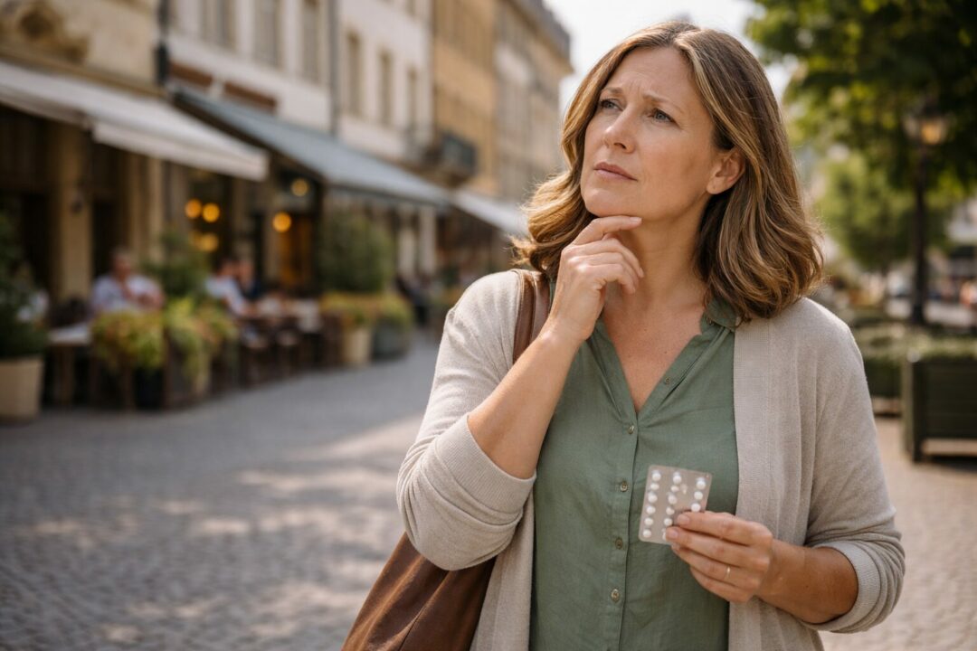 Femme adulte en ville à Neuchâtel tenant une plaquette de comprimés, moment d’hésitation avant un traitement pour perdre du poids
