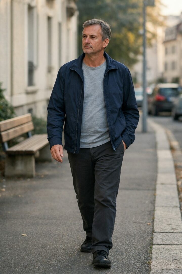 Homme d’environ 55 ans marchant calmement dans un quartier urbain de Neuchâtel, illustrant une démarche de perte de poids accompagnée, sans urgence ni mise en scène sportive.