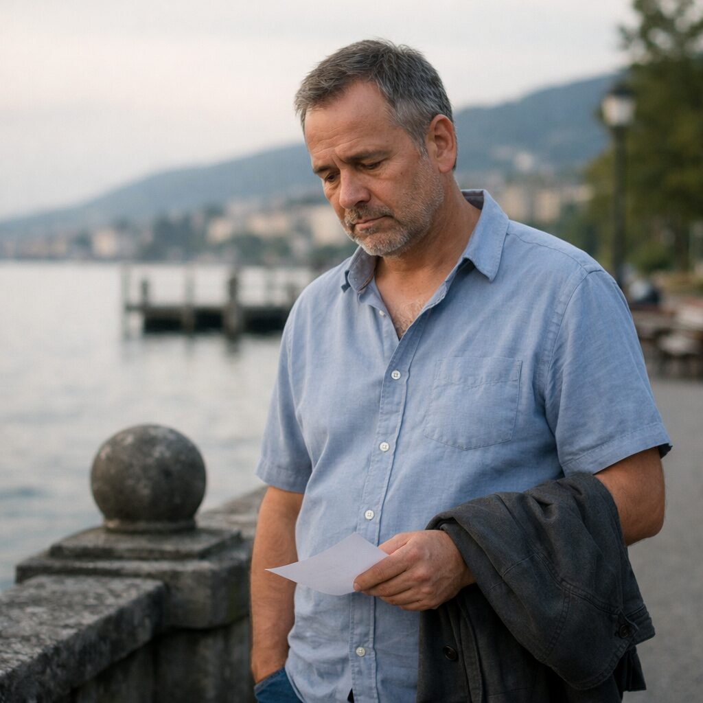 Homme adulte à Neuchâtel lisant un document après une recommandation médicale de perdre du poids, moment de réflexion avant décision