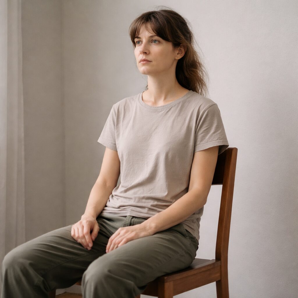 Personne adulte assise en intérieur neutre, posture de latence évoquant des tensions corporelles diffuses