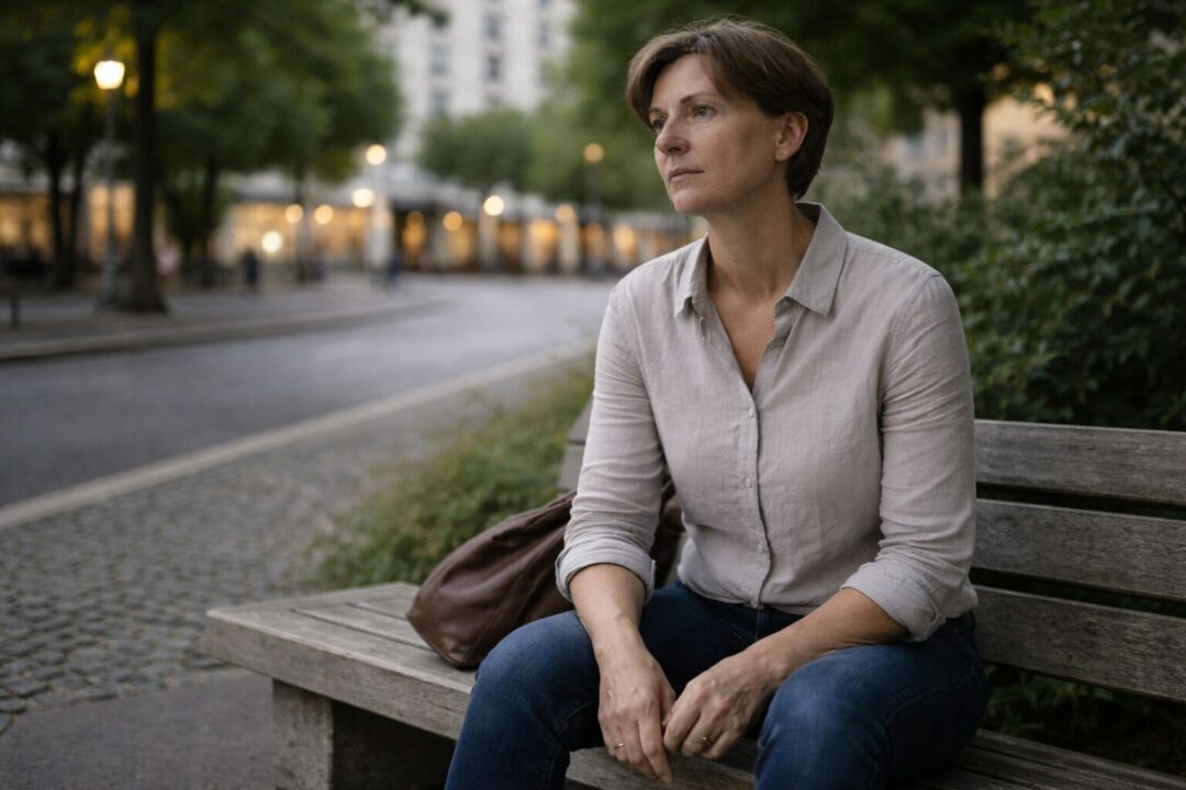 Personne adulte assise sur un banc à Neuchâtel, posture droite et tenue, regard hors caméra, illustrant une impossibilité à ralentir malgré l’arrêt