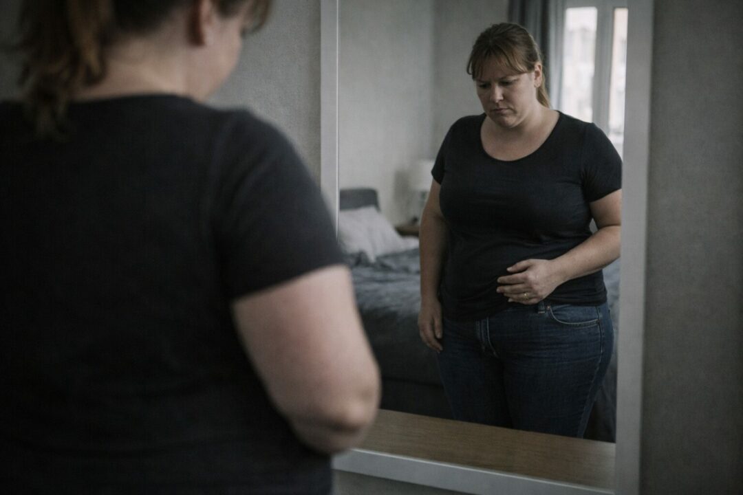 Femme adulte regardant son reflet dans un miroir après une reprise de poids progressive