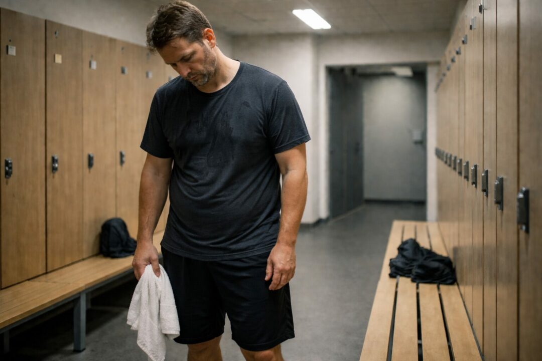 Homme adulte dans un vestiaire après le sport, immobile malgré un effort physique régulier sans changement de poids