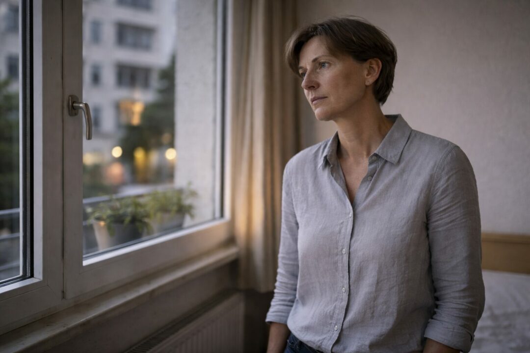 Personne adulte dans un contexte quotidien ordinaire à Neuchâtel, posture tenue et expression pensive, illustrant un épuisement progressif sans excès visible