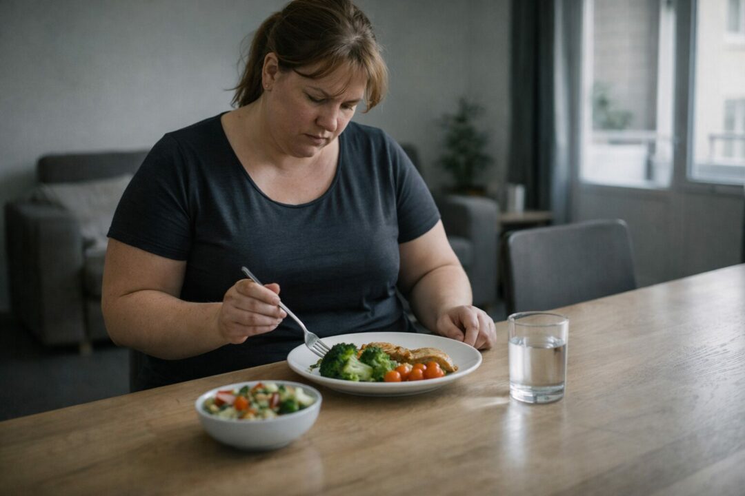 Femme adulte attentive à son alimentation, assise devant un repas équilibré alors que le poids continue d’augmenter