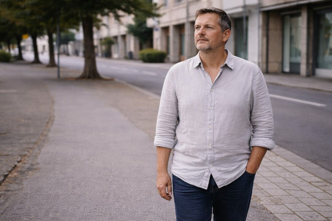 Corps ressenti comme moins léger qu’avant — Neuchâtel Homme adulte marchant lentement en ville à Neuchâtel, posture stable et retenue, illustrant une sensation corporelle moins légère sans fatigue visible