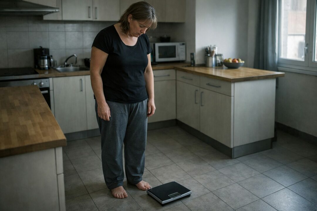 Femme adulte immobile dans une cuisine à Neuchâtel, regardant une balance sans évolution visible du poids