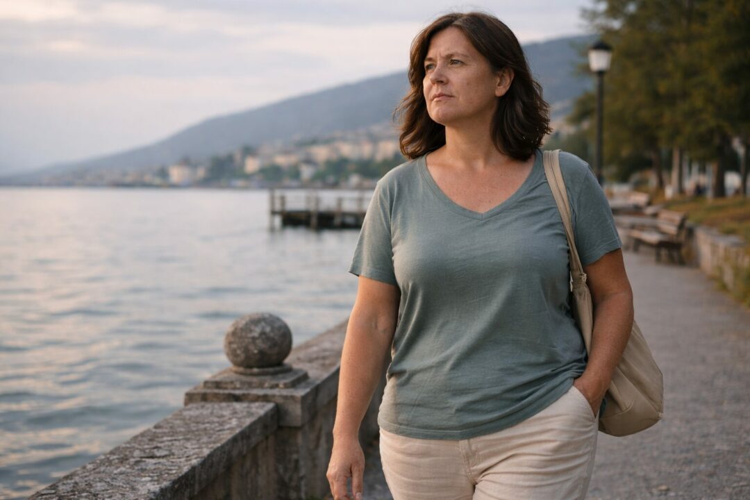 Femme adulte marchant calmement au bord du lac de Neuchâtel, période de ménopause où le poids ne répond plus malgré les efforts