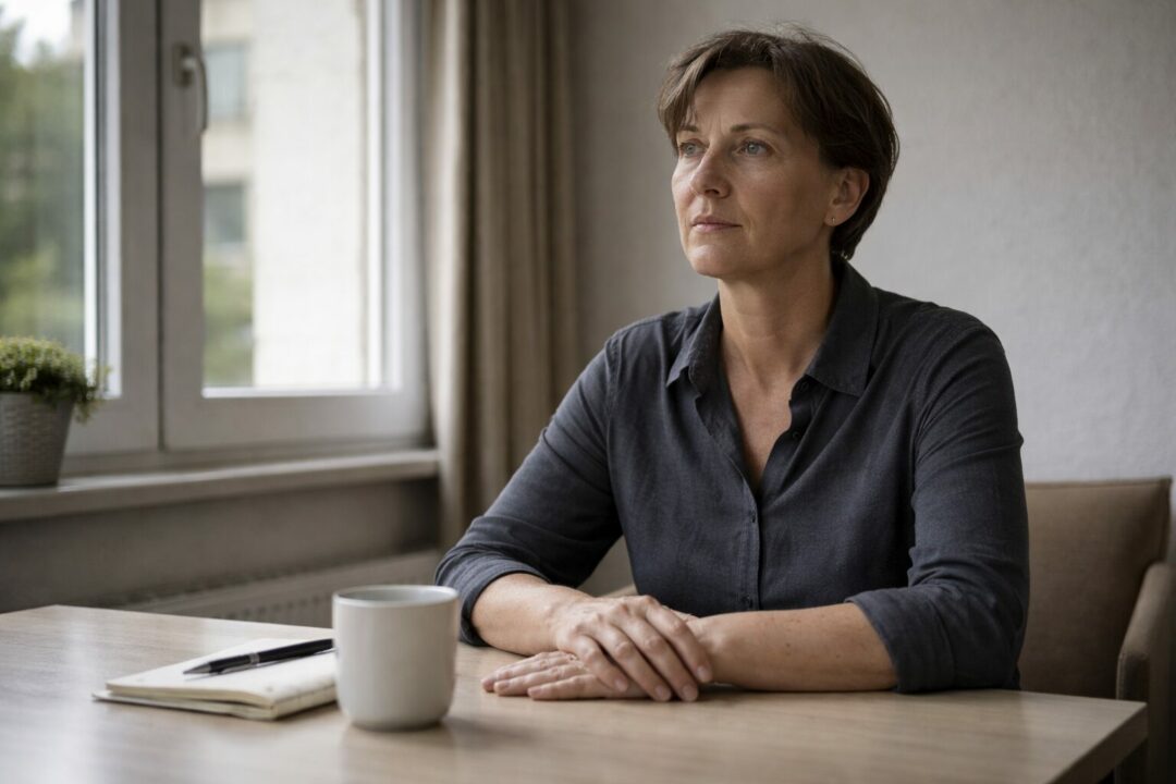Personne adulte assise dans un intérieur sobre à Neuchâtel, posture calme mais tenue, regard hors caméra, évoquant une activité mentale continue sans agitation