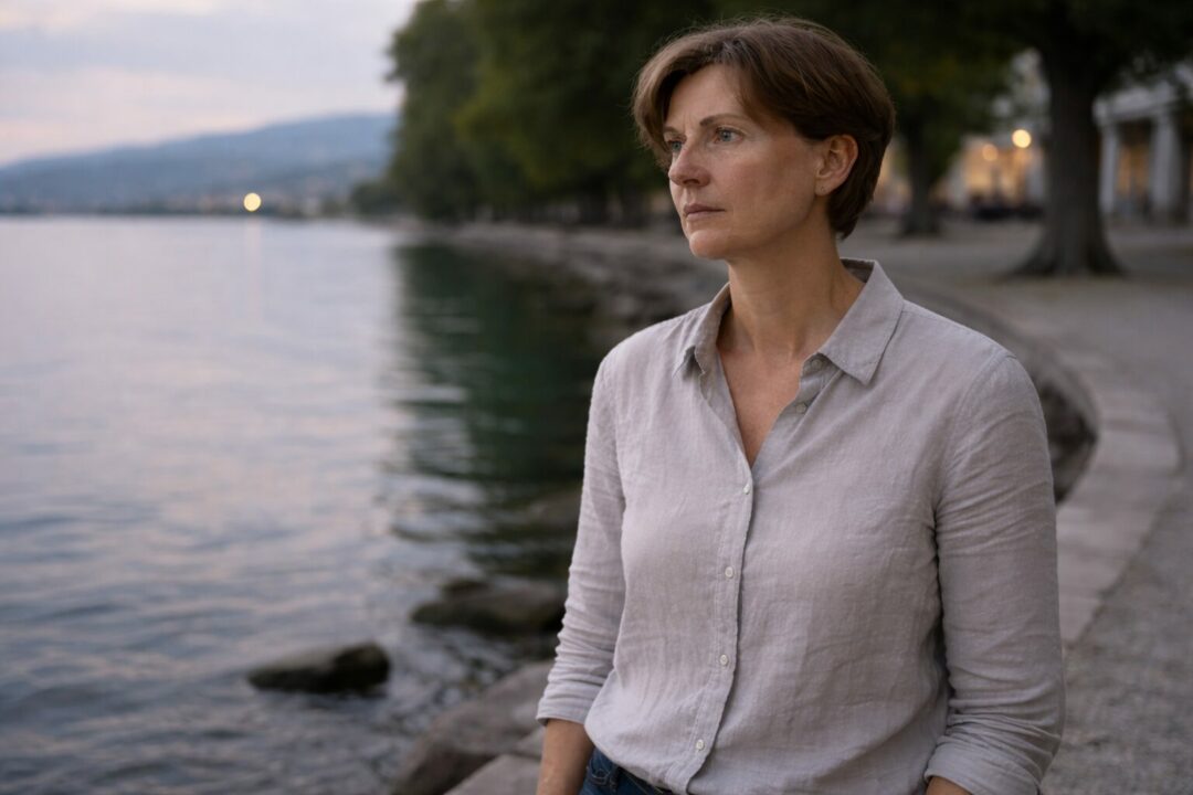 Personne adulte immobile au bord du lac de Neuchâtel, posture droite et contenue, regard hors caméra, évoquant une limite atteinte sans crise visible