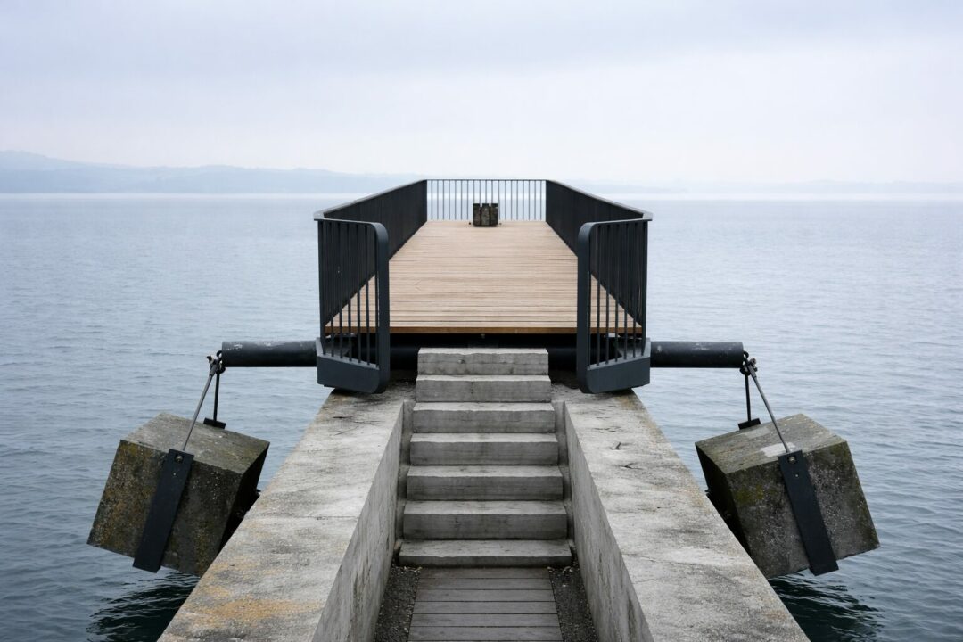 Passerelle sobre au bord du lac de Neuchâtel, symbolisant un moment de décision avant un accompagnement individuel corps et mental