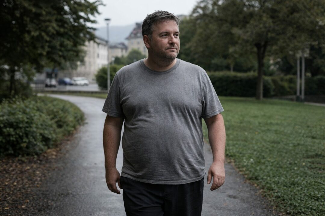 Perdre du poids sans y arriver seul — Neuchâtel Personne adulte marchant lentement à Neuchâtel, posture stable mais retenue, évoquant la difficulté à perdre du poids seul