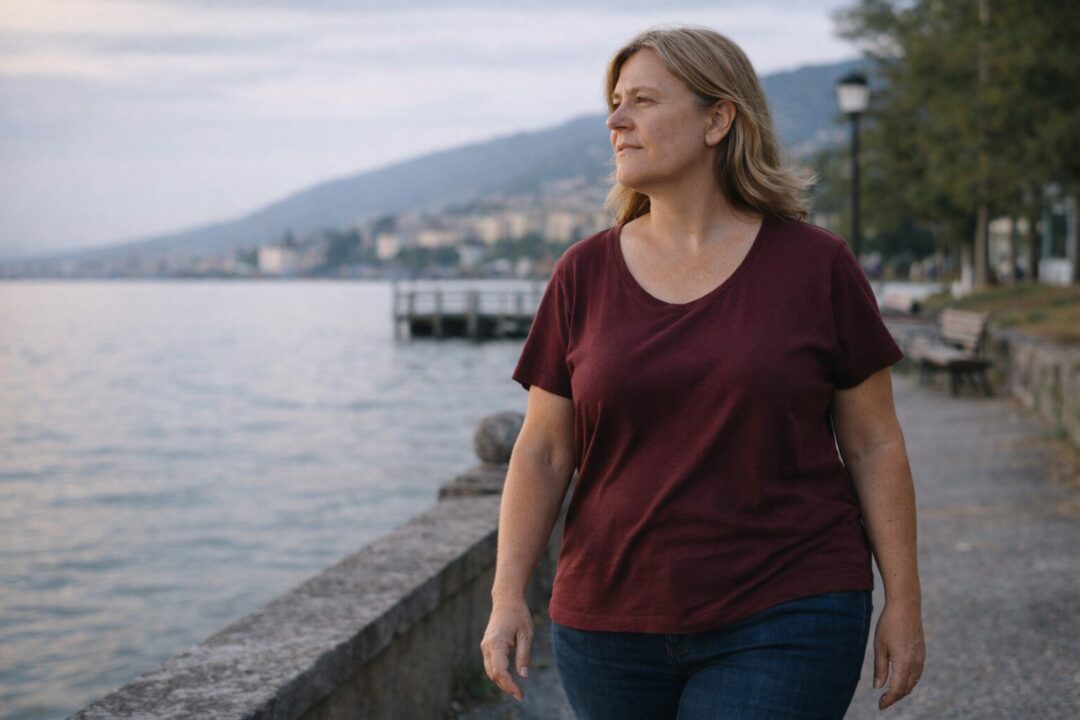 Perdre du poids après 45 ans : marcher au bord du lac à Neuchâtel Femme adulte de plus de 45 ans marchant calmement au bord du lac de Neuchâtel, période où le poids réagit moins qu’avant