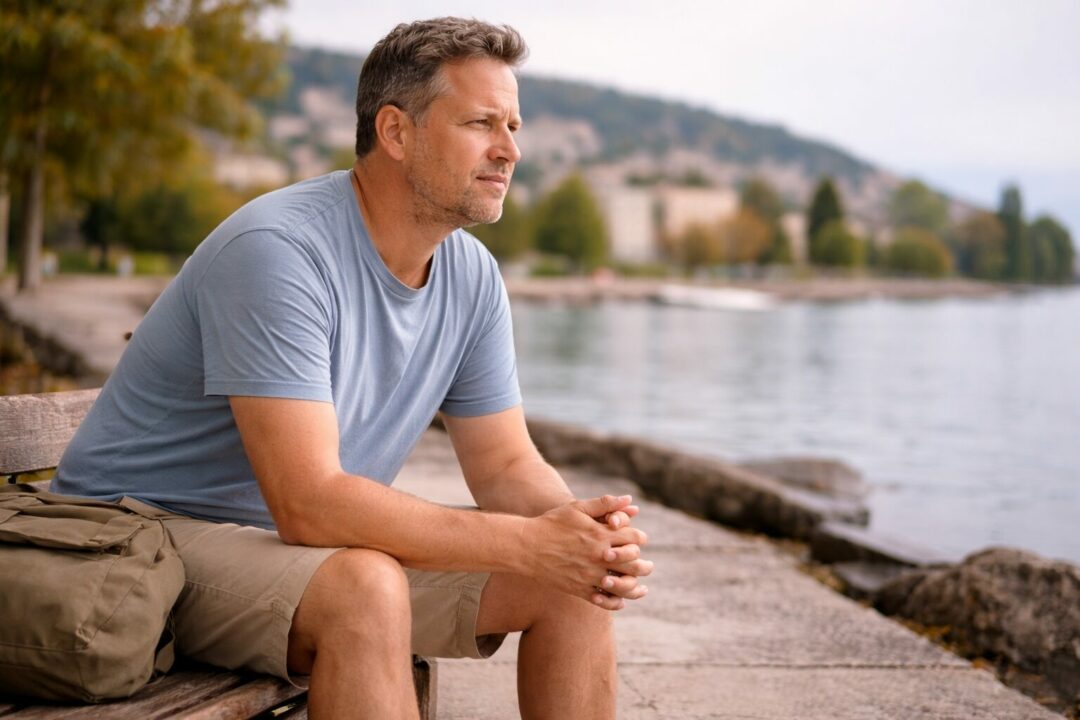 Homme adulte assis sur un banc au bord du lac de Neuchâtel, moment de réflexion lorsque le poids complique une situation de santé