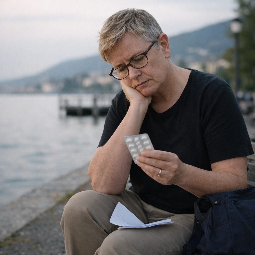 Personne adulte assise au bord du lac de Neuchâtel, tenant un document et un médicament, moment de réflexion lié au poids et à la santé