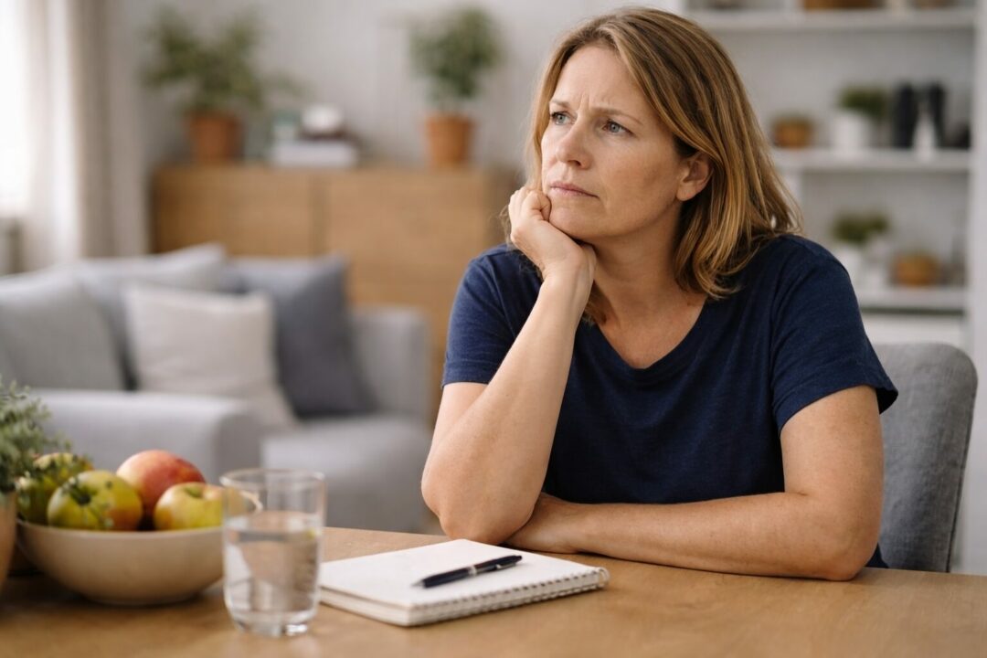 Femme adulte assise à l’intérieur à Neuchâtel, moment de réflexion lorsque le prédiabète est évoqué et que le poids devient un sujet de prévention
