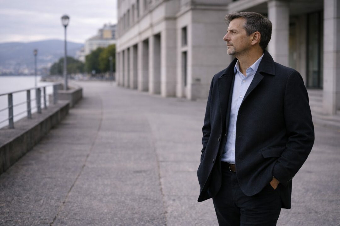 Homme d’environ 50 ans debout en extérieur à Neuchâtel, posture tenue et regard au loin, évoquant une pression professionnelle constante sans crise visible