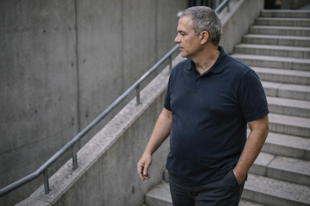 Homme de 50 ans marchant lentement en ville à Neuchâtel, illustrant un corps qui demande plus d’effort qu’avant sans situation médicale ni sportive.