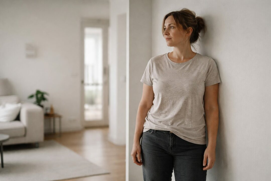 Personne adulte immobile dans un intérieur sobre, illustrant une relation au corps devenue tendue