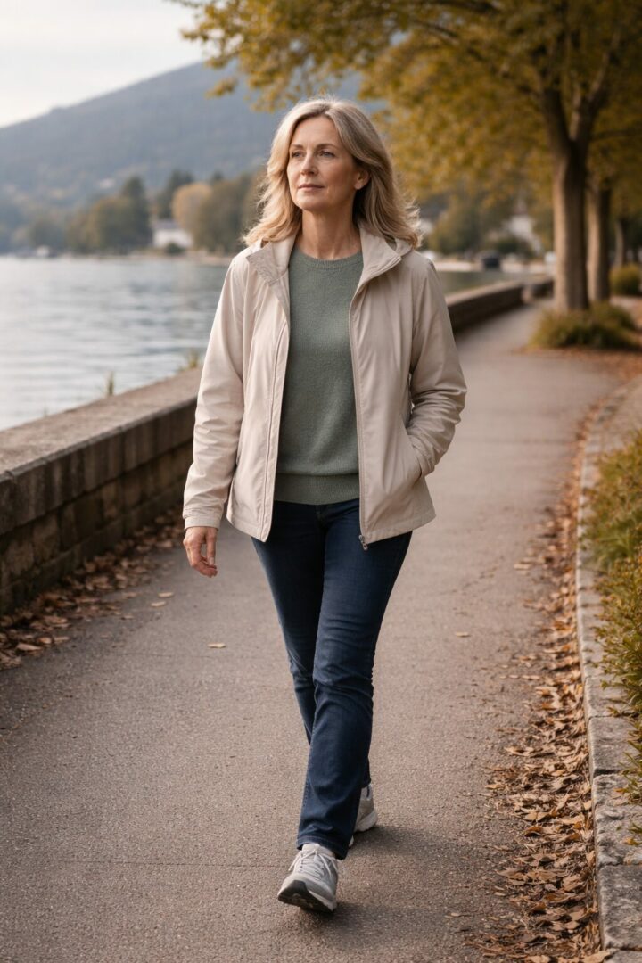 Remise en forme à Neuchâtel – énergie, souffle et tenue au quotidien Femme adulte marchant calmement au bord du lac, illustrant une démarche de remise en forme axée sur l’énergie, le souffle et la tenue, à Neuchâtel.